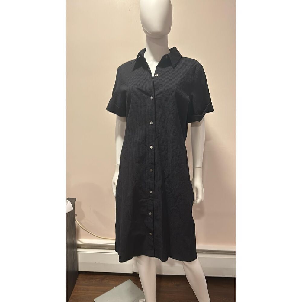 Theory Navy Blue Seersucker Dress Size Large * missing belt - Picture 8 of 13